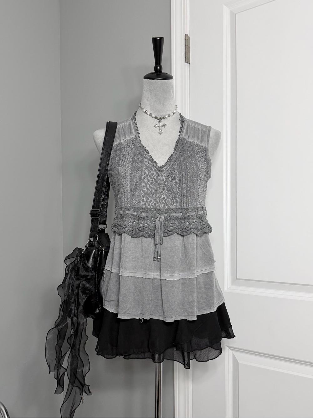 Style & Co. Gray Layered Crochet Trim Tank Top